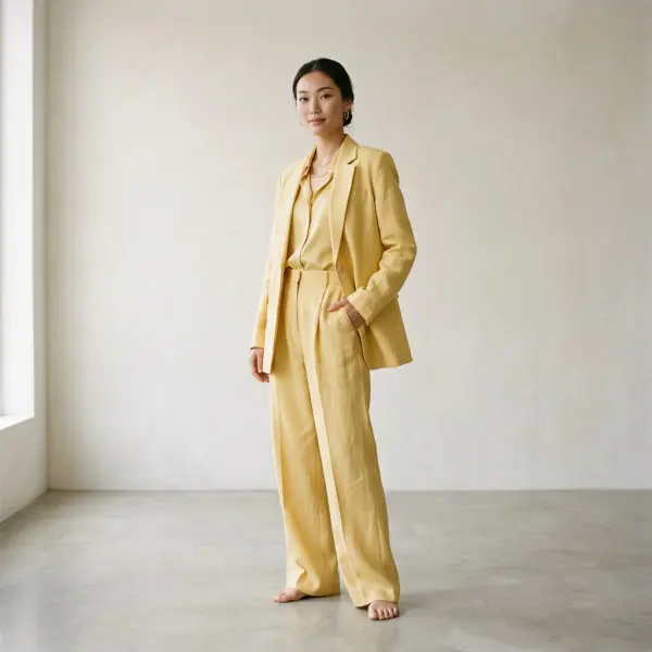 Model mengenakan pakaian berwarna butter yellow dengan nuansa editorial yang elegan