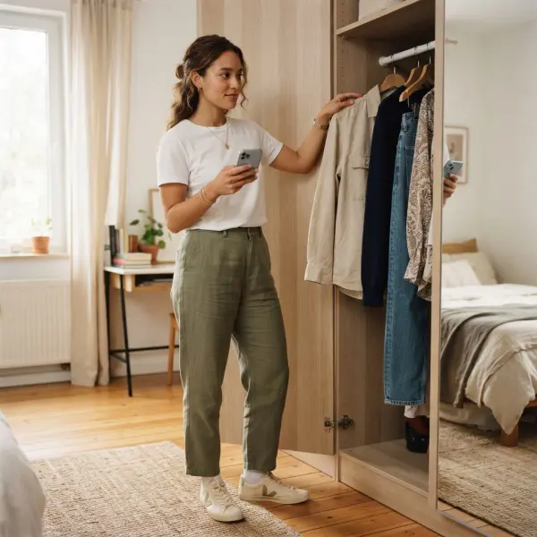 Young fashion consumer translating digital inspiration into a practical outfit