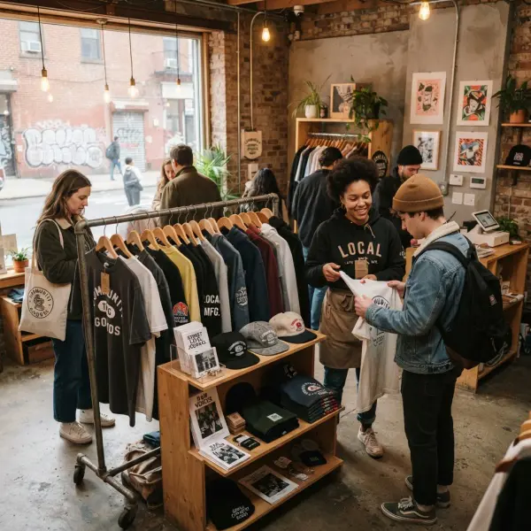 Independent streetwear brand pop-up with customers and local creative community