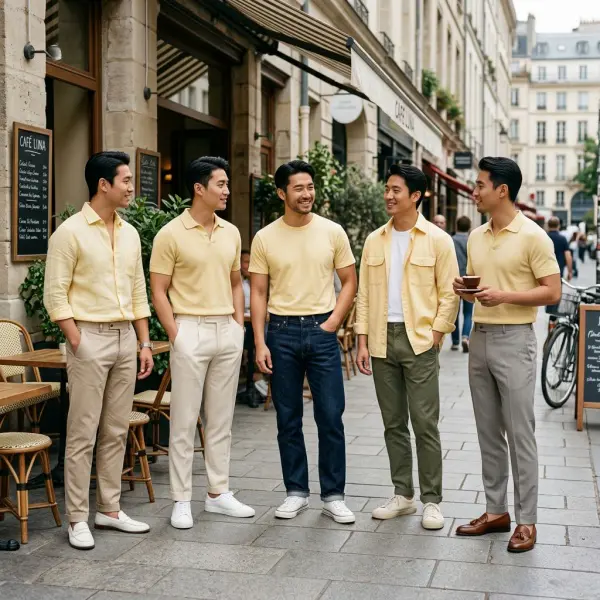 Inspirasi lima outfit pria dengan warna butter yellow untuk gaya kasual, smart casual, dan semi formal