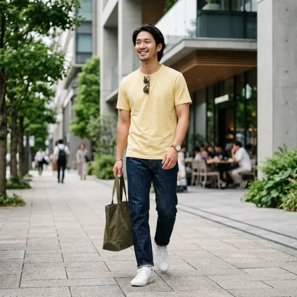 Pria mengenakan kaus butter yellow dipadukan dengan celana denim biru dan sneakers putih bergaya kasual