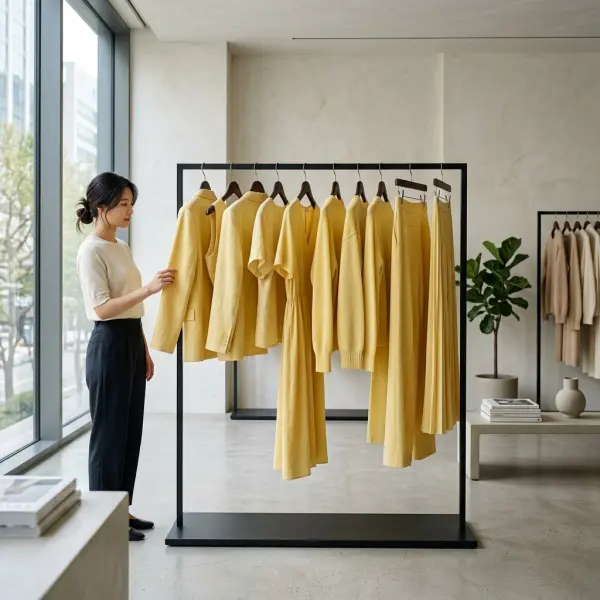 Koleksi pakaian butter yellow dipajang di showroom fashion modern
