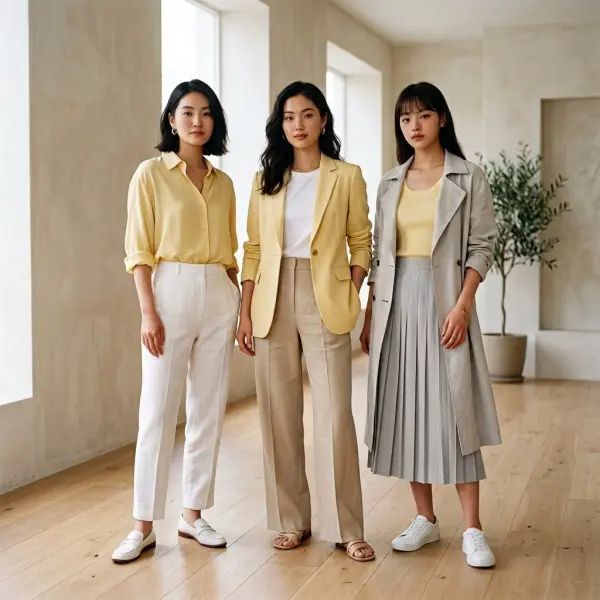 Inspirasi outfit butter yellow dengan putih, beige, dan abu-abu muda