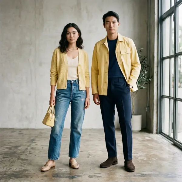 Inspirasi outfit butter yellow dipadukan dengan denim biru dan navy