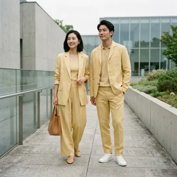 Pria dan wanita mengenakan outfit berwarna butter yellow dengan gaya modern dan minimalis