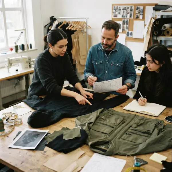 Streetwear design team reviewing garment samples and product specifications