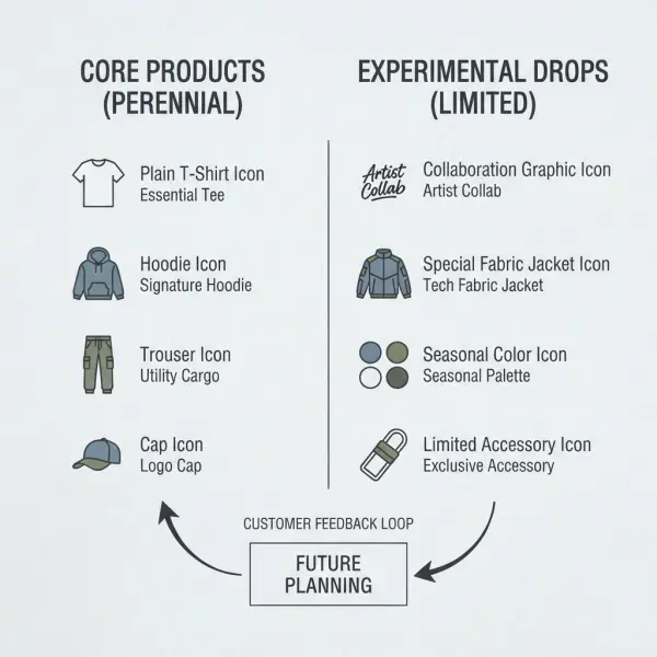 Core and limited-drop product structure for a streetwear-inspired fashion brand Core and limited-drop product structure for a streetwear-inspired fashion brand