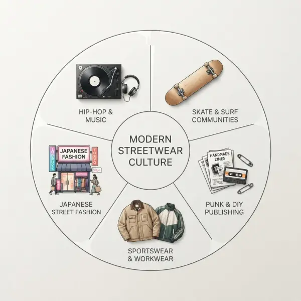 Visual framework showing the cultural roots of modern streetwear