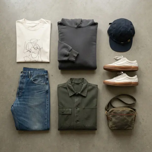 Flat lay of common streetwear garments and accessories
