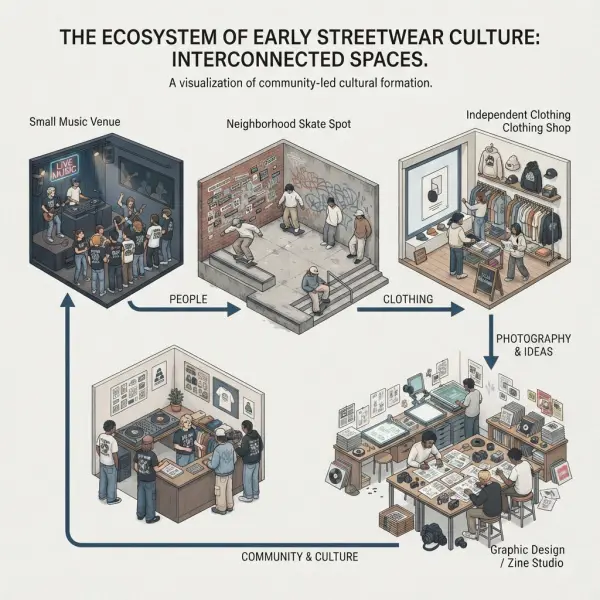 Independent streetwear culture formed through music, skating, art, and local retail Independent streetwear culture formed through music, skating, art, and local retail