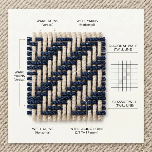 Ilustrasi sederhana anyaman twill pada kain drill