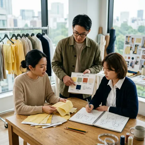 Tim desain fashion menyusun koleksi pakaian dengan palet warna butter yellow