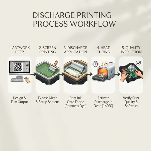 Diagram alur proses sablon discharge dari penyablonan hingga curing