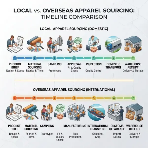 Apparel sourcing lead-time comparison from product development through manufacturing and delivery
