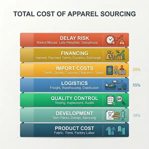 Apparel sourcing total cost framework including production, quality, logistics, duties, and delay risk