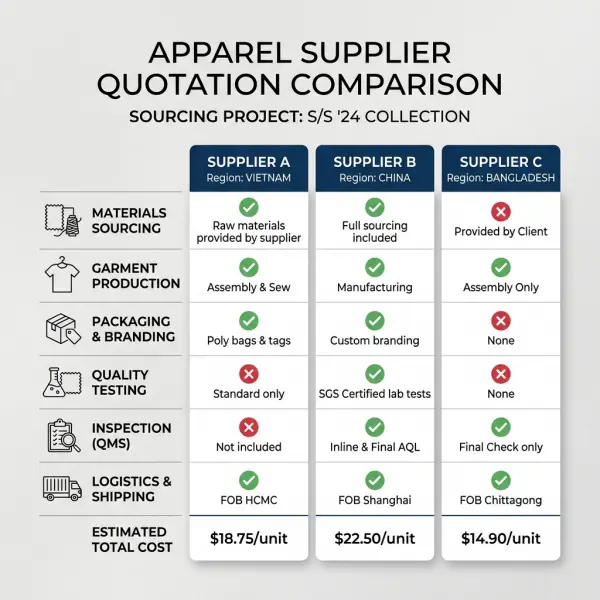 Comparison of apparel supplier quotations showing product cost, materials, quality, logistics, and excluded charges