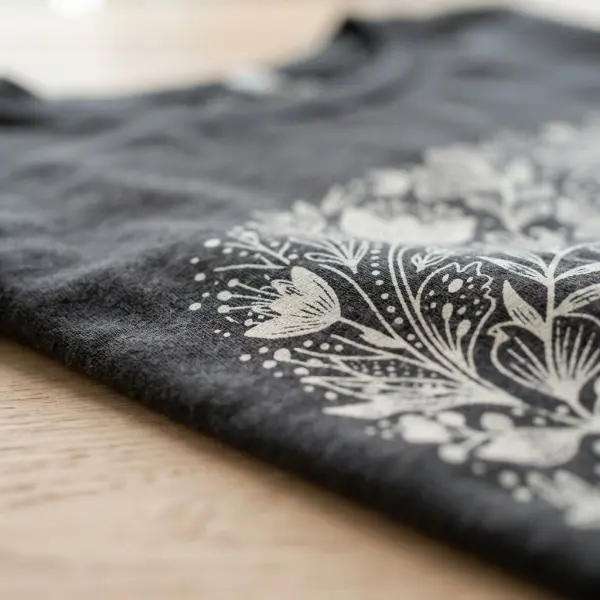 Detail hasil sablon discharge pada kaos katun dengan permukaan yang lembut