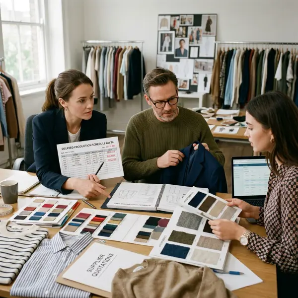 Fashion sourcing team identifying cost, quality, and delivery problems in garment samples and supplier documents