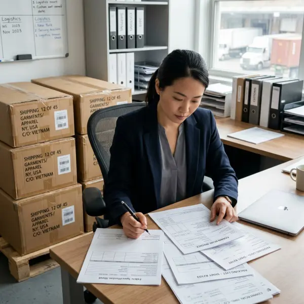 Fashion importer reviewing garment shipment documents, duties, freight, and customs responsibilities