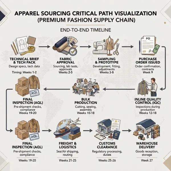 Fashion sourcing critical path showing material approval, sampling, production, inspection, freight, and delivery deadlines