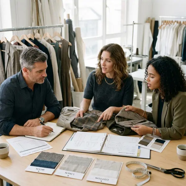 Fashion sourcing team reviewing garment samples, fabric swatches, specifications, and supplier quotations