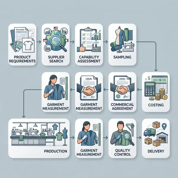 Fashion sourcing workflow from product requirements and supplier selection to production and delivery