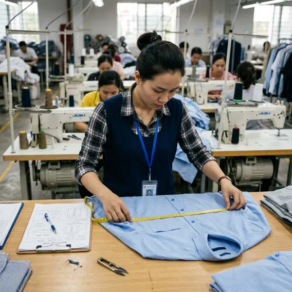 Garment quality controller checking measurements and stitching during apparel production