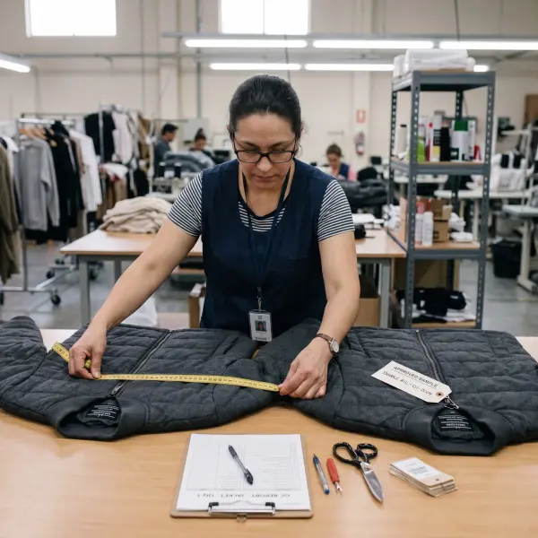 Garment technician comparing measurements, seams, fabric shade, and approved production sample
