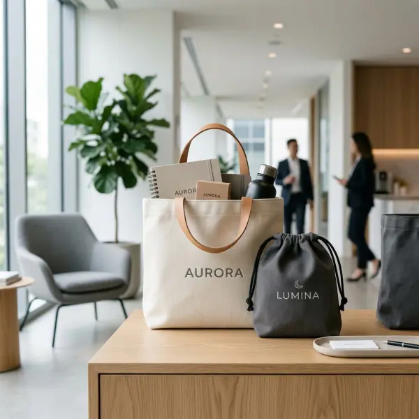 Goodie bag premium dengan logo brand ditampilkan di meja presentasi produk