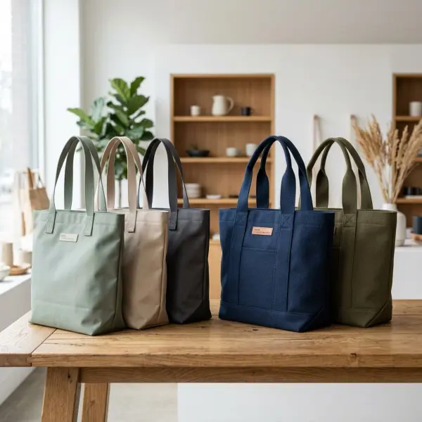 Goodie bag berbahan polyester D300 dan D600 dengan tekstur kain yang kuat, rapi, dan tahan lama