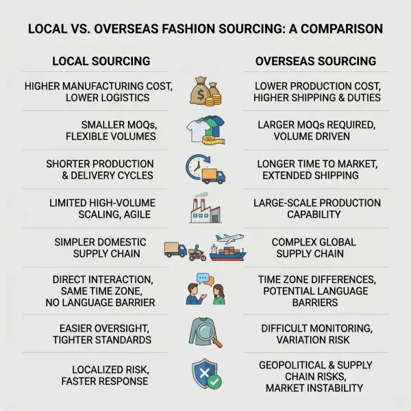 Comparison of local and overseas fashion sourcing across cost, lead time, quantity, quality, and risk