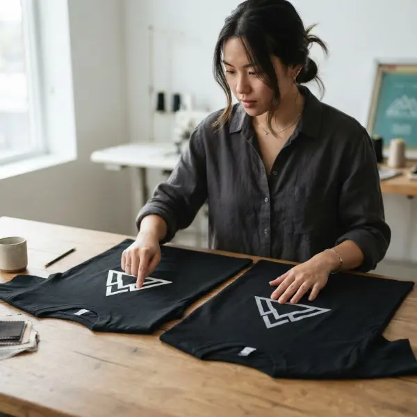 Orang sedang membandingkan hasil sablon plastisol dan discharge pada kaos dengan melihat perbedaan tekstur dan tampilan cetakan Orang sedang membandingkan hasil sablon plastisol dan discharge pada kaos dengan melihat perbedaan tekstur dan tampilan cetakan