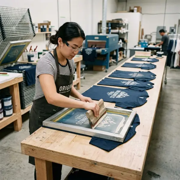 Proses sablon discharge pada kaos katun berwarna gelap menggunakan screen printing