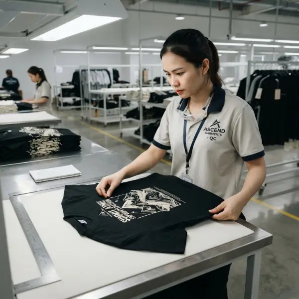 Pemeriksaan kualitas hasil sablon discharge sebelum produksi massal