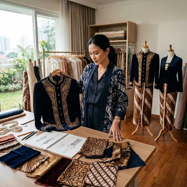 Desainer sedang meninjau rancangan beskap modern yang tetap mempertahankan unsur tradisional Jawa