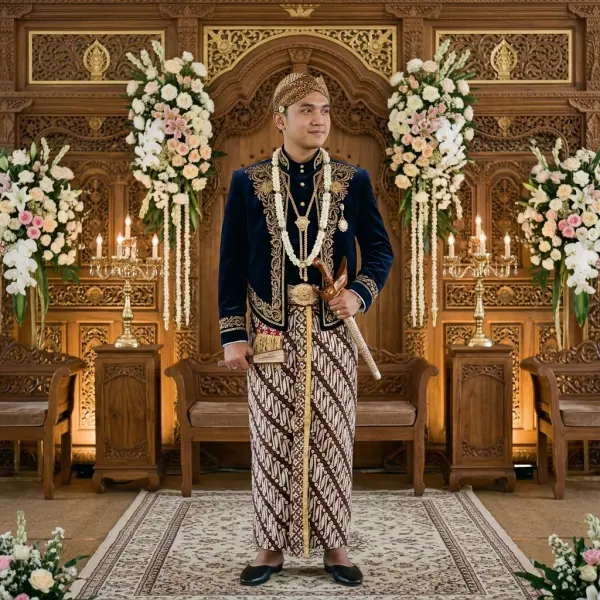 Pengantin pria mengenakan beskap dalam prosesi pernikahan adat Jawa