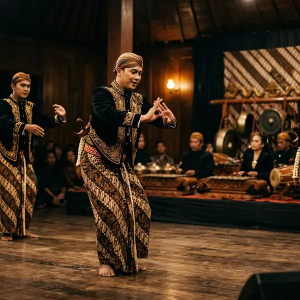 Penampil seni tradisional mengenakan beskap dalam pertunjukan budaya Jawa