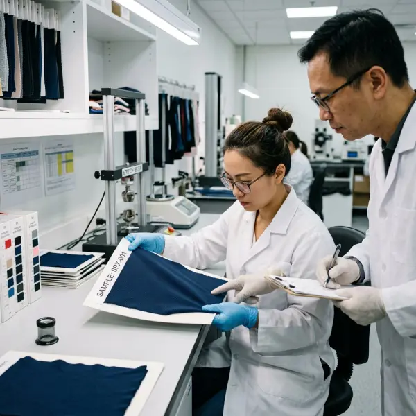 Pemeriksaan kualitas kain baju renang di laboratorium tekstil
