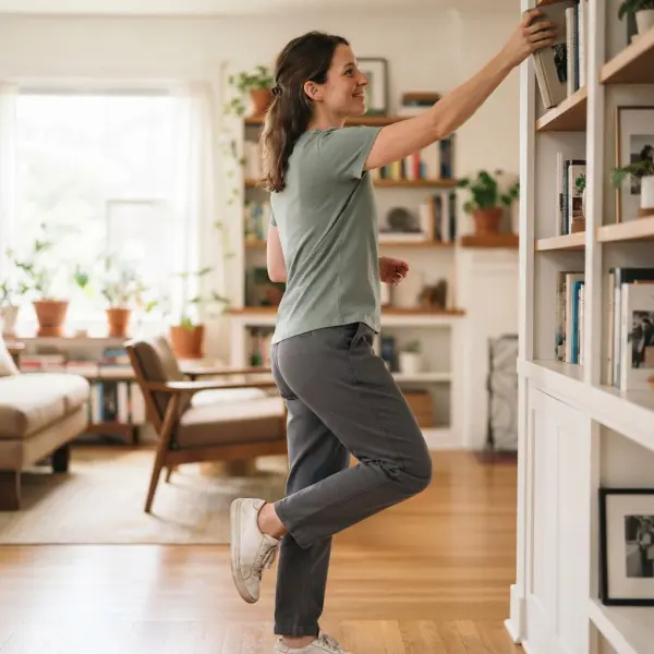 Person wearing comfortable knit clothing while bending and moving naturally Person wearing comfortable knit clothing while bending and moving naturally