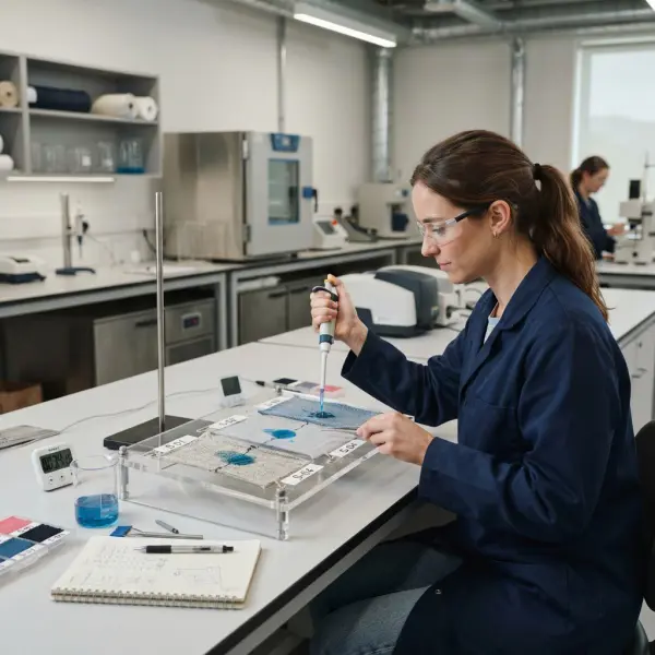 Textile laboratory evaluating moisture movement and drying in knit fabrics Textile laboratory evaluating moisture movement and drying in knit fabrics
