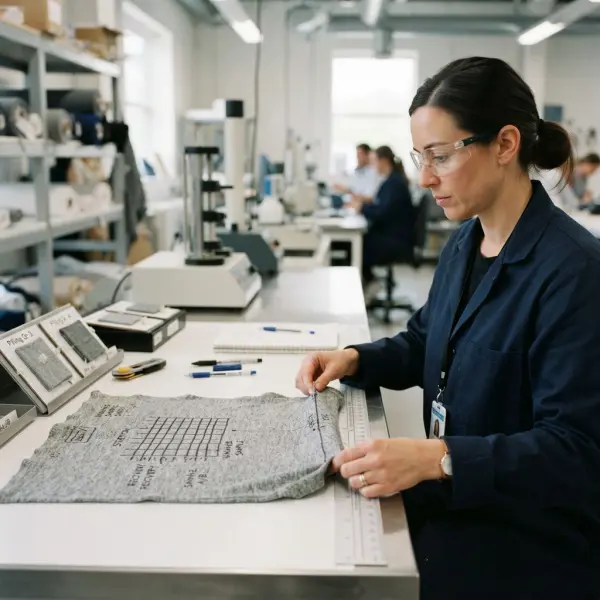 Textile technician testing knit fabric for stretch, shrinkage, and pilling Textile technician testing knit fabric for stretch, shrinkage, and pilling
