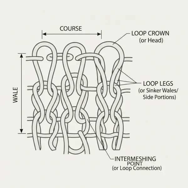 Simple diagram identifying wales, courses, and intermeshing loops in knit fabric Simple diagram identifying wales, courses, and intermeshing loops in knit fabric