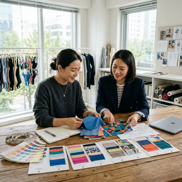 Tim product development memilih sampel kain untuk koleksi baju renang