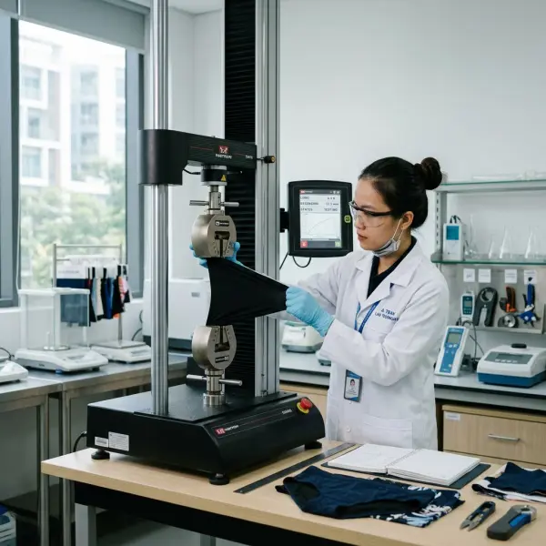 Pengujian elastisitas kain baju renang menggunakan alat laboratorium tekstil