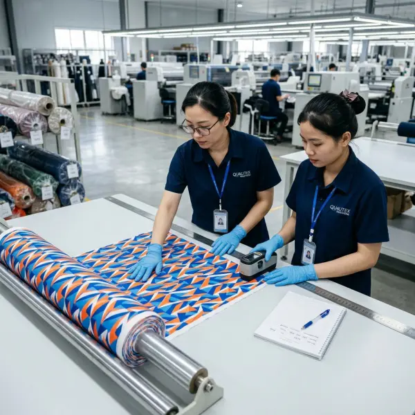 Tim quality control memeriksa kualitas kain baju renang sebelum produksi