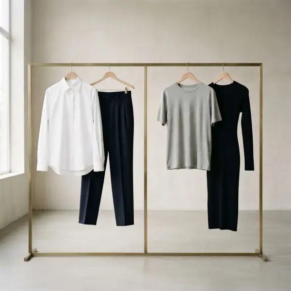 Woven tailored shirt and trousers compared with knit T-shirt and fitted dress Woven tailored shirt and trousers compared with knit T-shirt and fitted dress