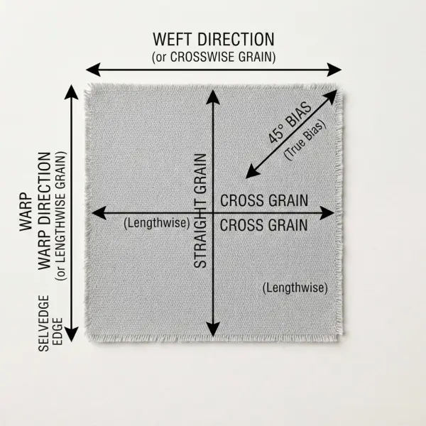 Woven fabric showing warp, weft, straight grain, cross grain, and bias directions Woven fabric showing warp, weft, straight grain, cross grain, and bias directions