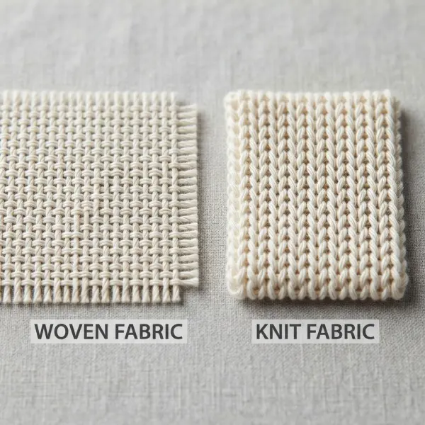 Side-by-side comparison of interlaced woven yarns and intermeshing knit loops Side-by-side comparison of interlaced woven yarns and intermeshing knit loops