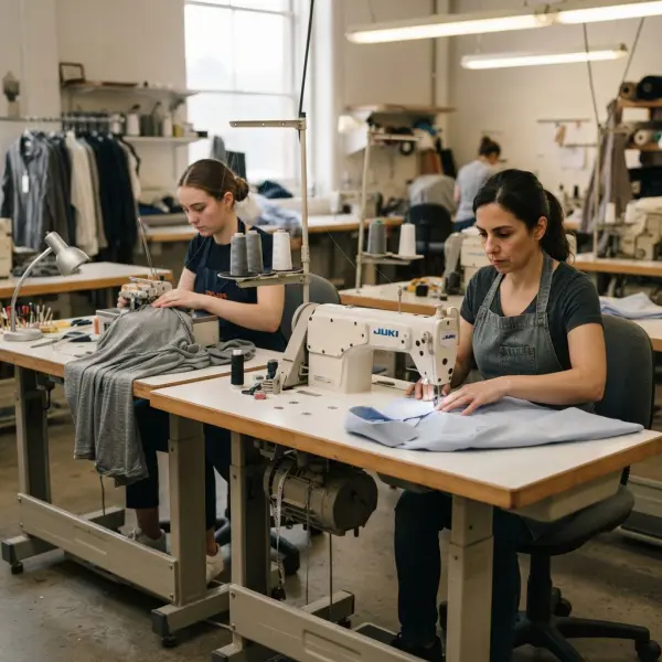 Garment operators sewing woven shirting and knit jersey using appropriate machines Garment operators sewing woven shirting and knit jersey using appropriate machines