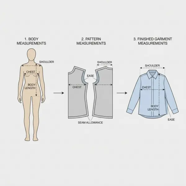 Comparison of body measurements, sewing pattern measurements, and finished garment measurements